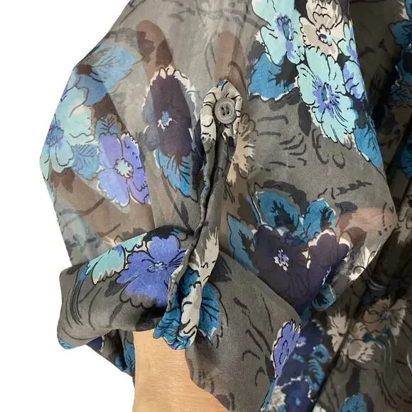 Nwot Karen Kane Blouse XL SILK Chiffon Sheer Floral Blue Roll-Tab-Long-Sleeve - Picture 6 of 11